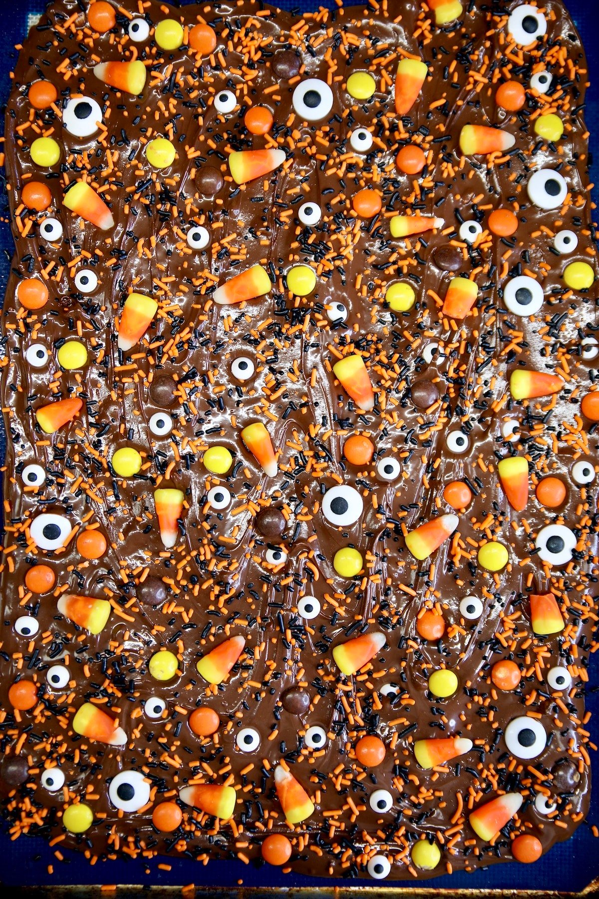 Sheet pan of Halloween chocolate bark.