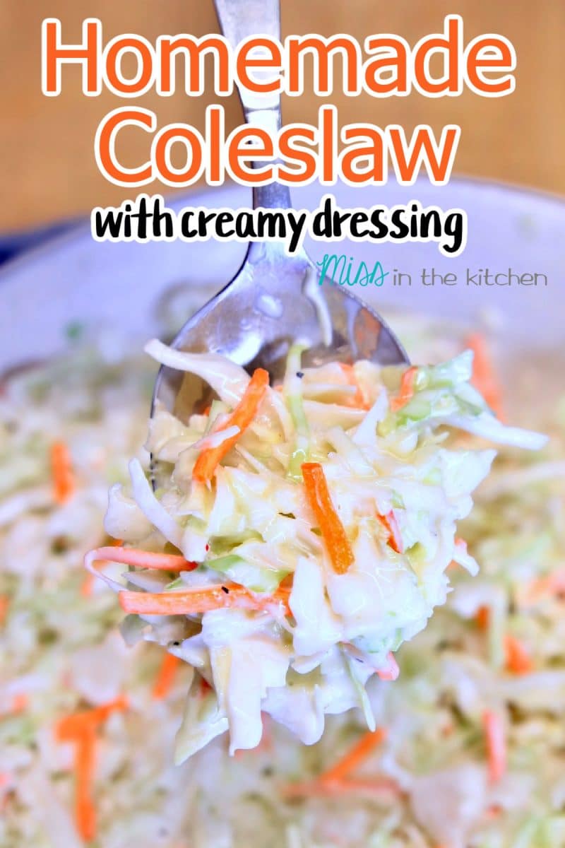 Spoonful of coleslaw. Text overlay.