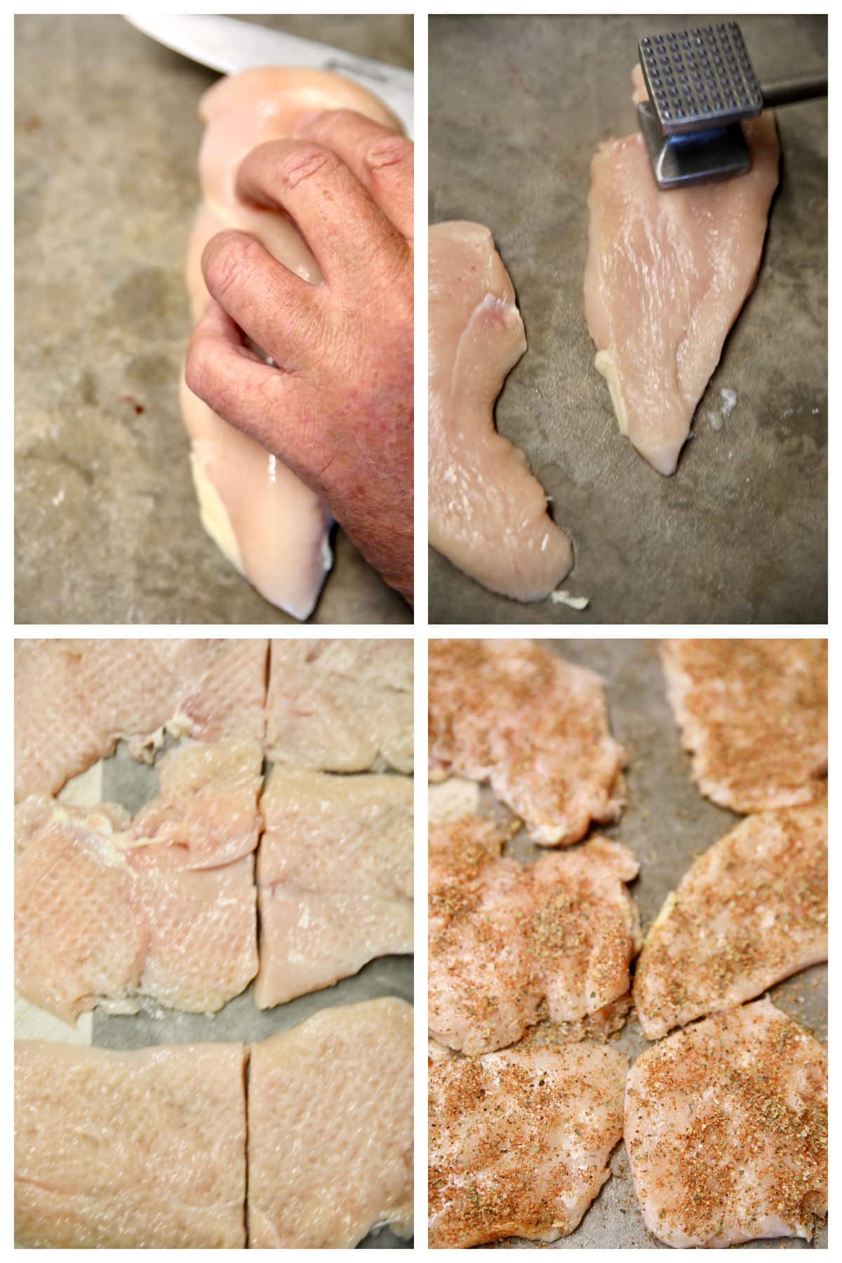 Collage making chicken cutlets, seasoned.