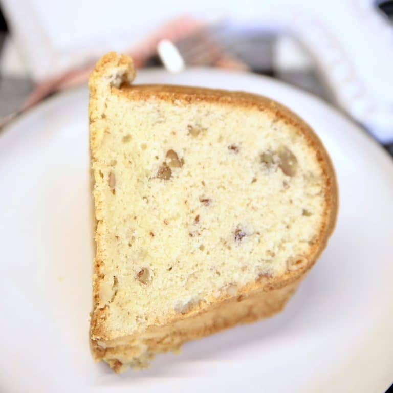 Slice of pecan pound cake.