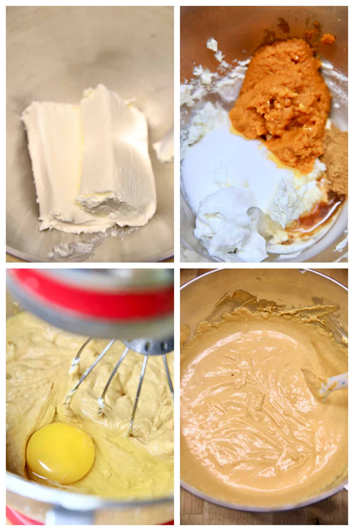 Collage making pumpkin cheesecake filling.