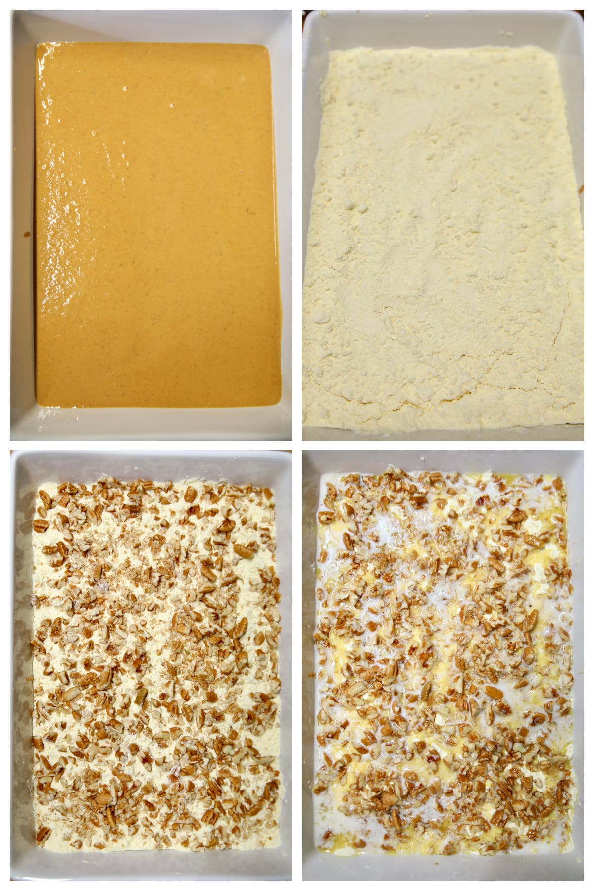 Collage making pumpkin pie cake.