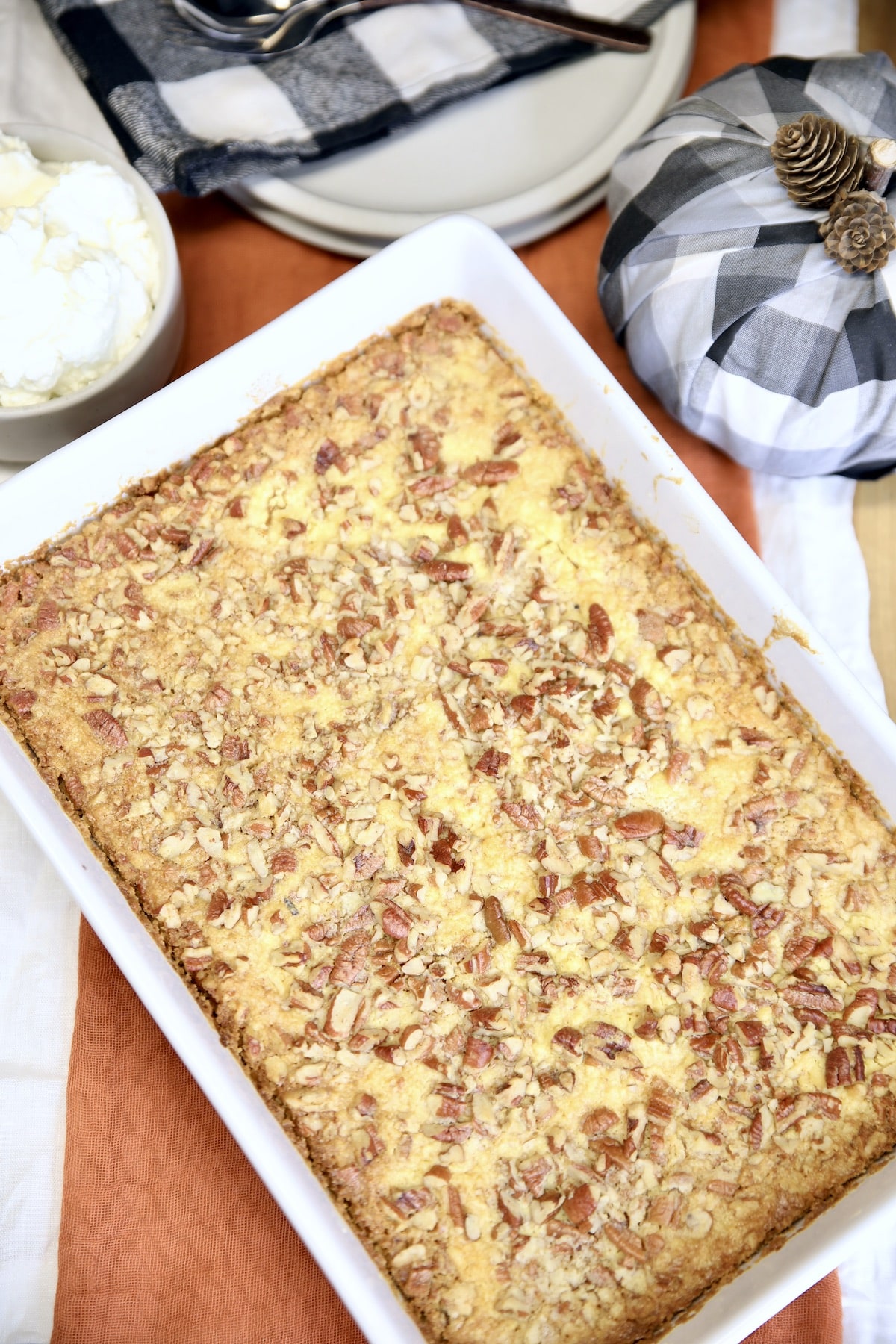 Pumpkin Pie Dump Cake with pecans.