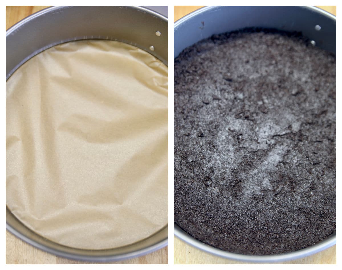 Parchment lined springform pan/ filled with Oreo crust.