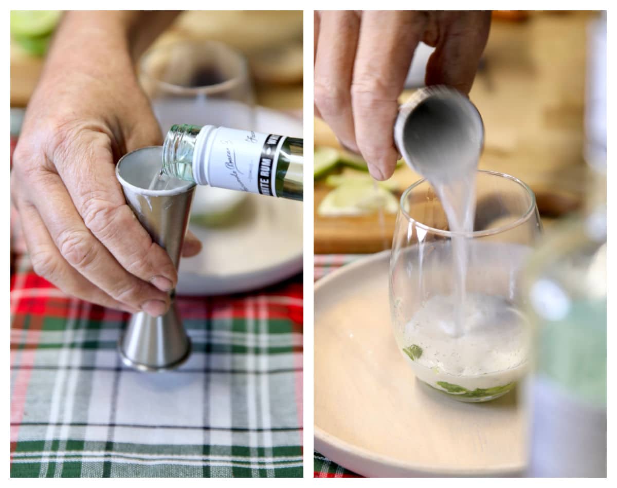 Adding rum to coconut mojito.
