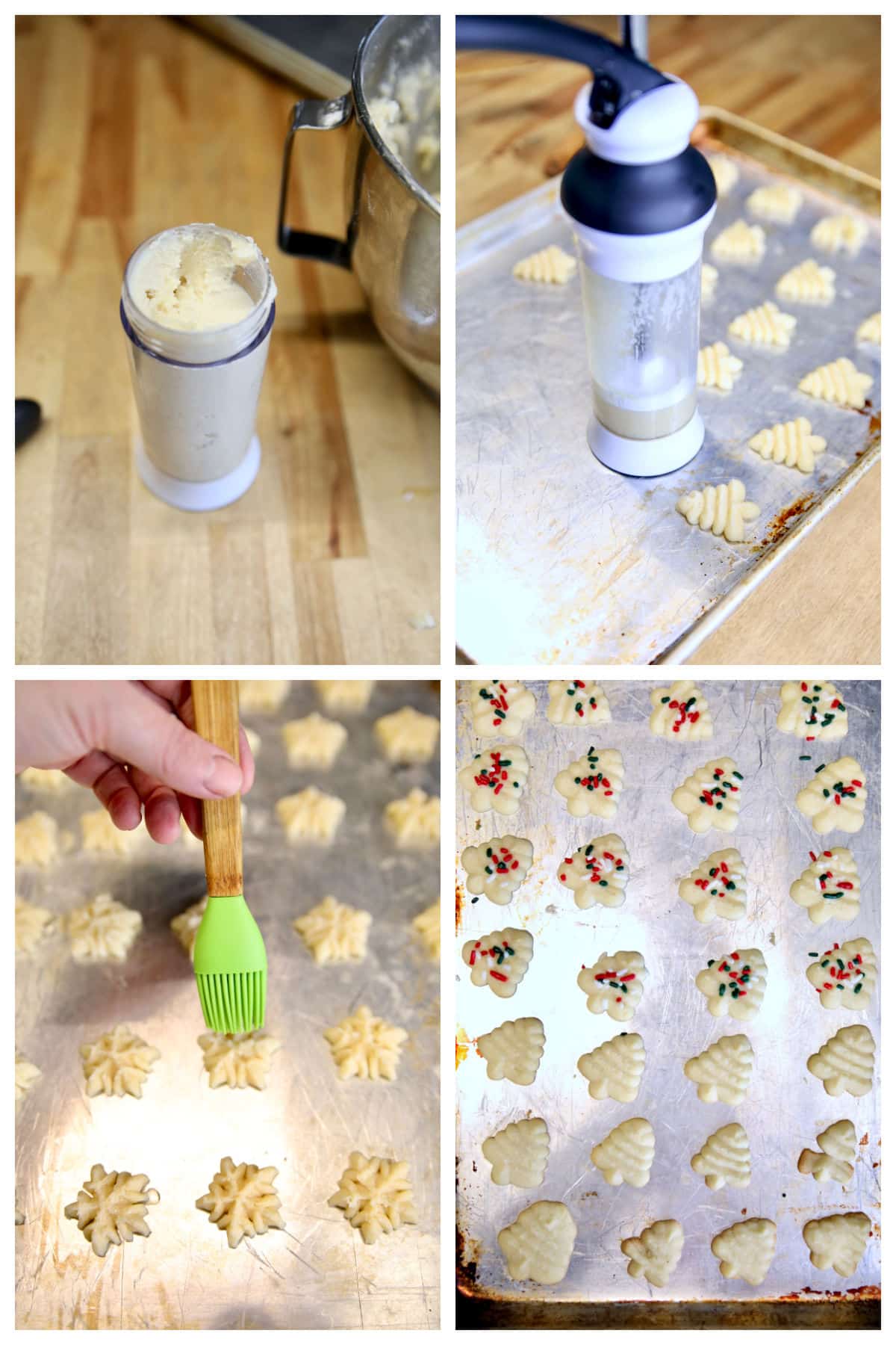 Using a cookie press to make spritz cookies.