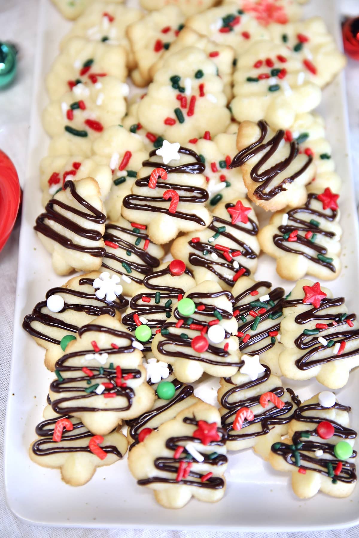 Platter of decorated spritz cookies.