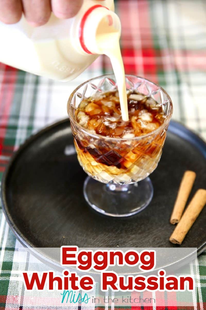 Pouring eggnog into white Russian cocktail. Text overlay.