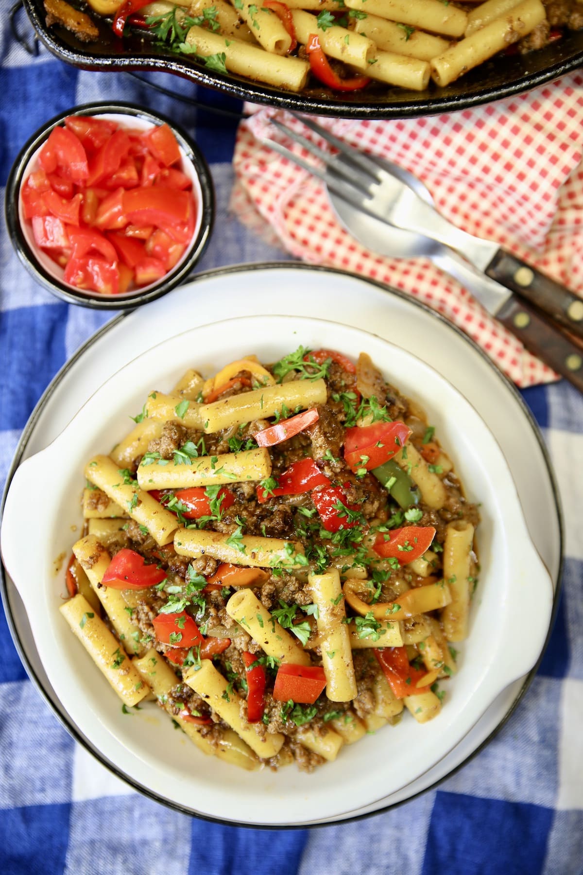 Fajita pasta with diced tomatoes.
