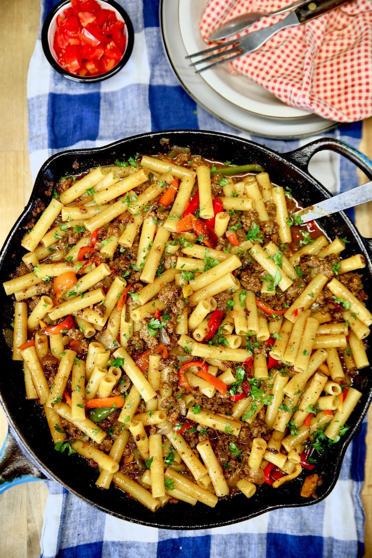 Skillet ground beef pasta.