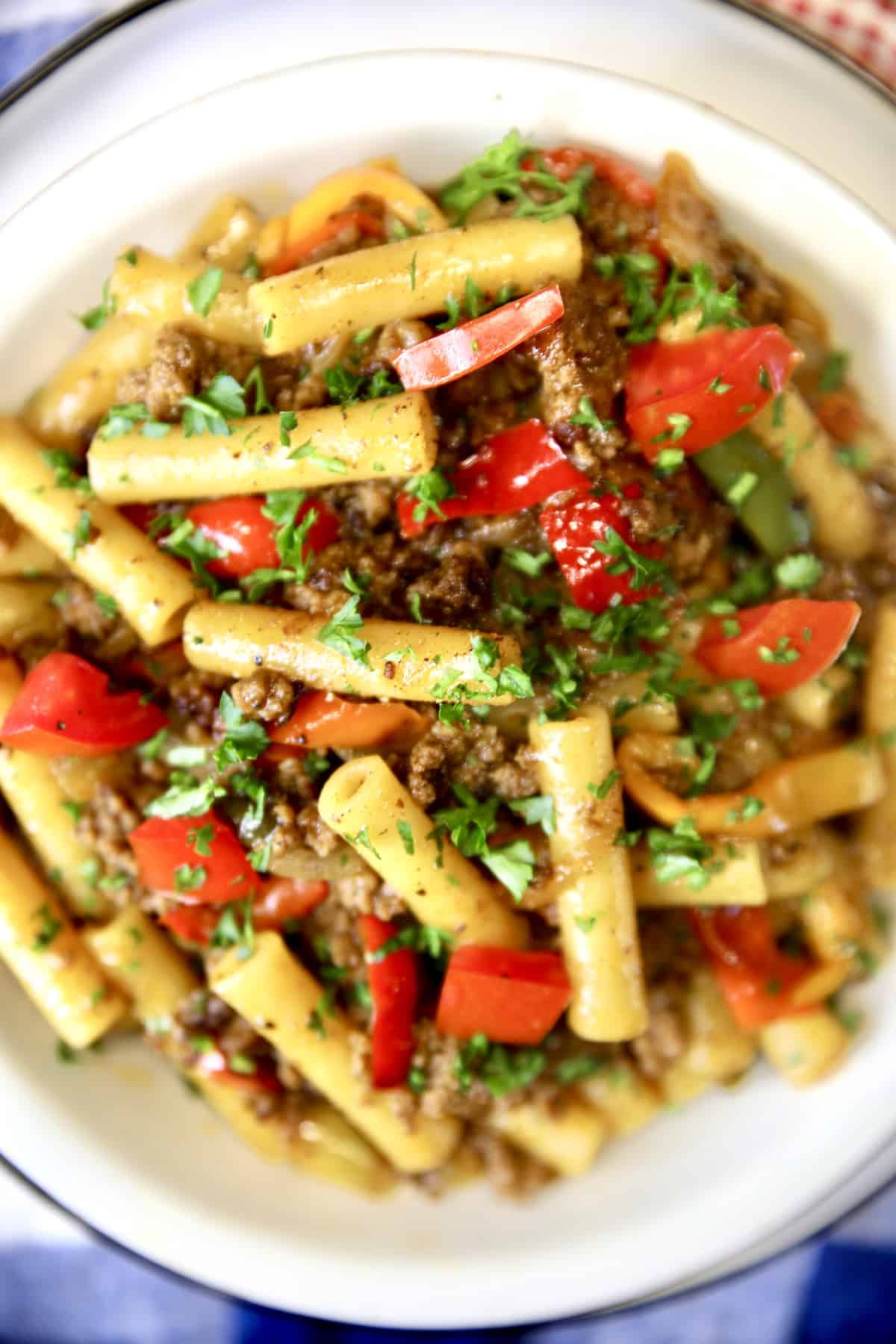 Closeup of bowl of fajita pasta.