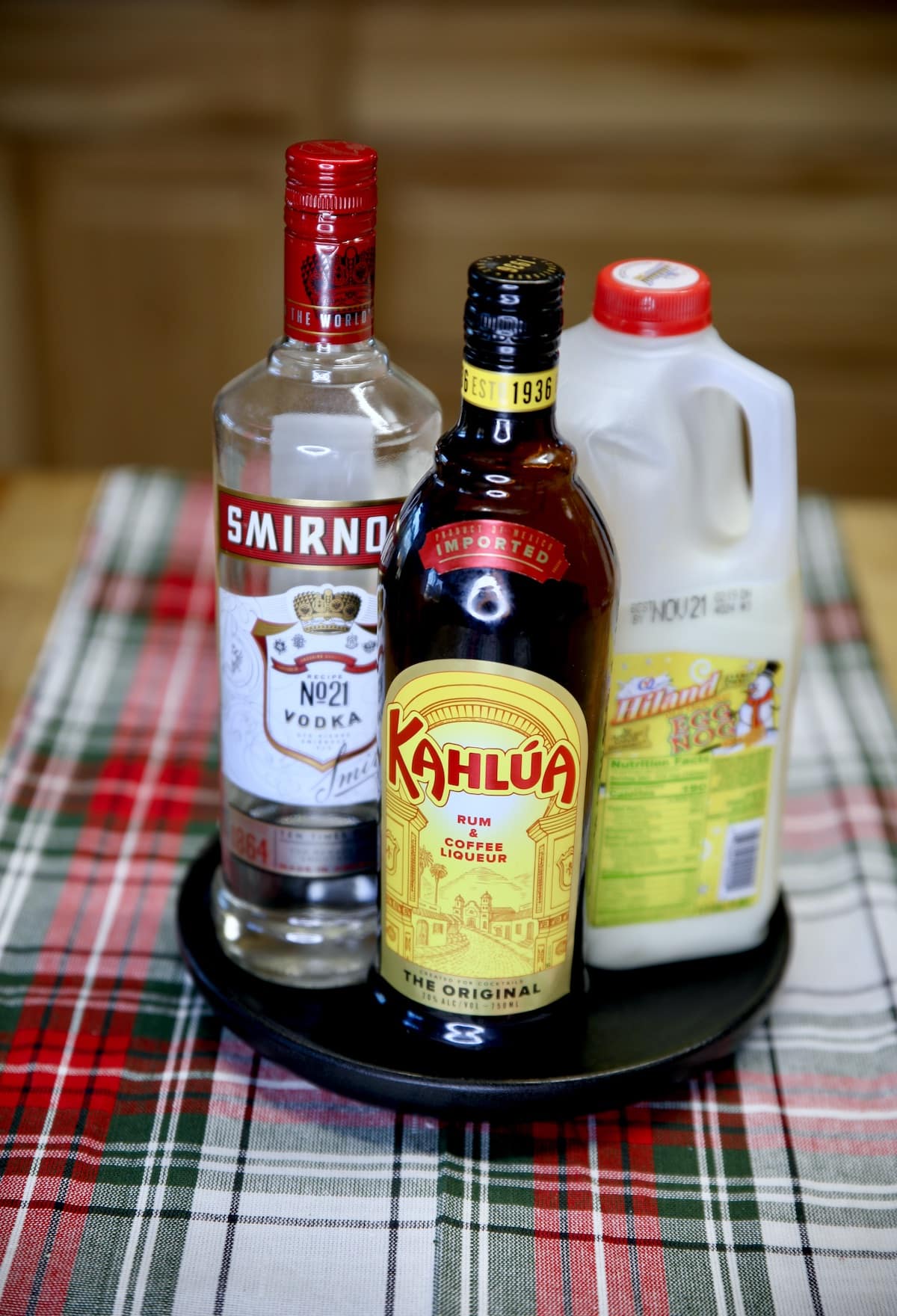 Vodka, Kahlua, Eggnog on a plate.