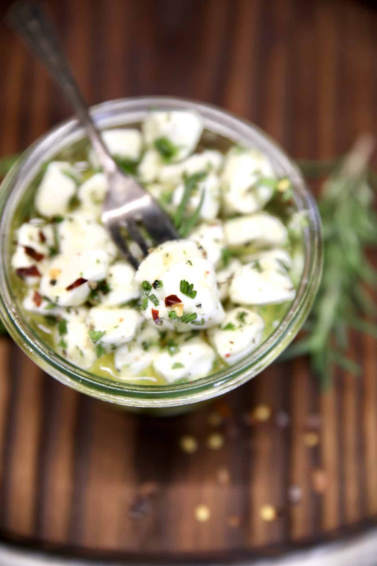 Marinated Mozzarella Balls with appetizer fork.