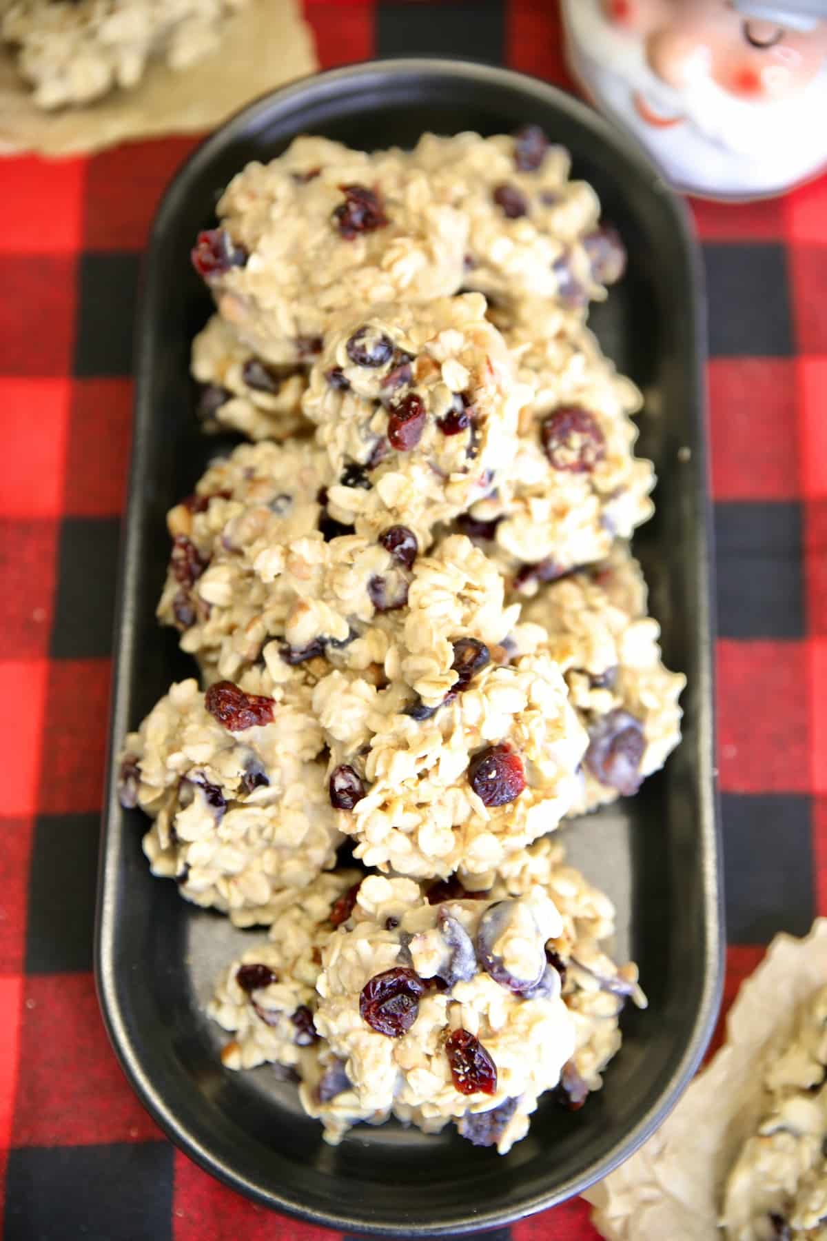 Platter of no bake white chocolate cookies.
