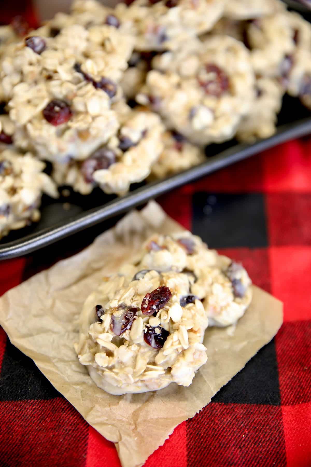 Tray of cookies, 2 in front.