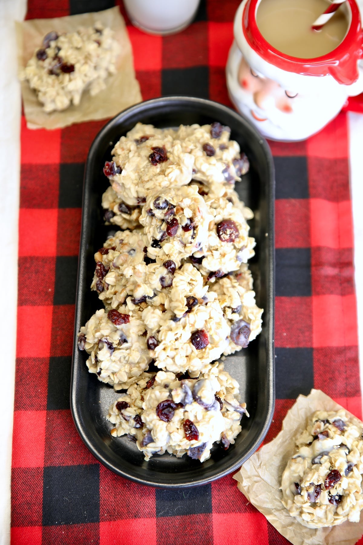 Tray of white chocolate cranberry cookies, Christmas mug.