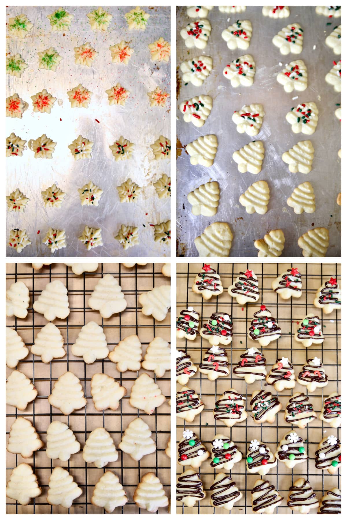 Collage of baked spritz cookies with sprinkles and drizzled chocolate.