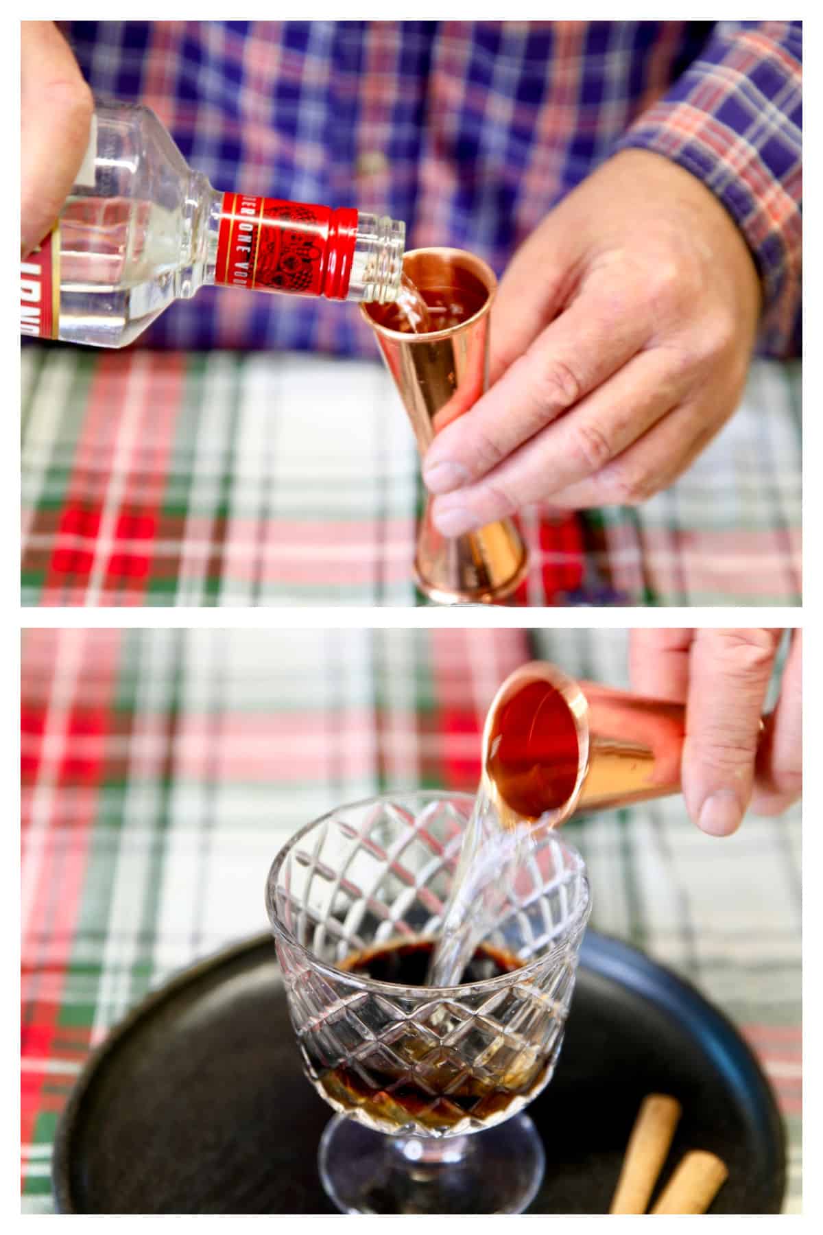 Measuring/pouring Vodka with jigger.