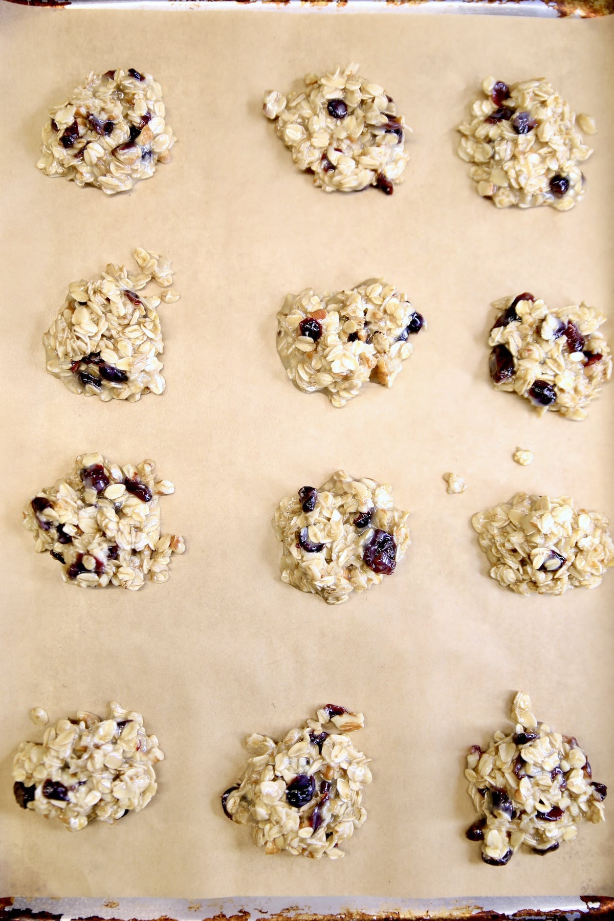 Tray of no bake white chocolate cookies.