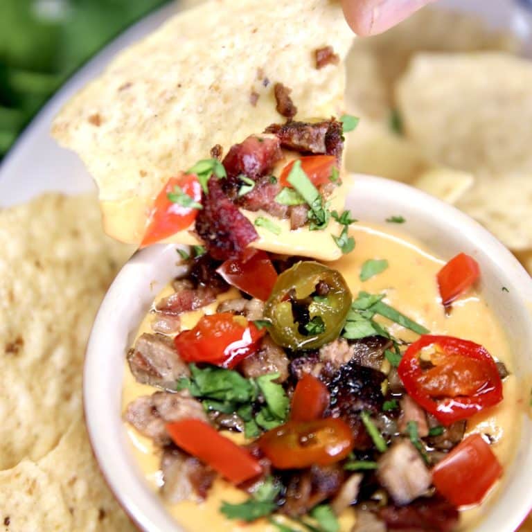 Tortilla chip dipping into brisket queso.