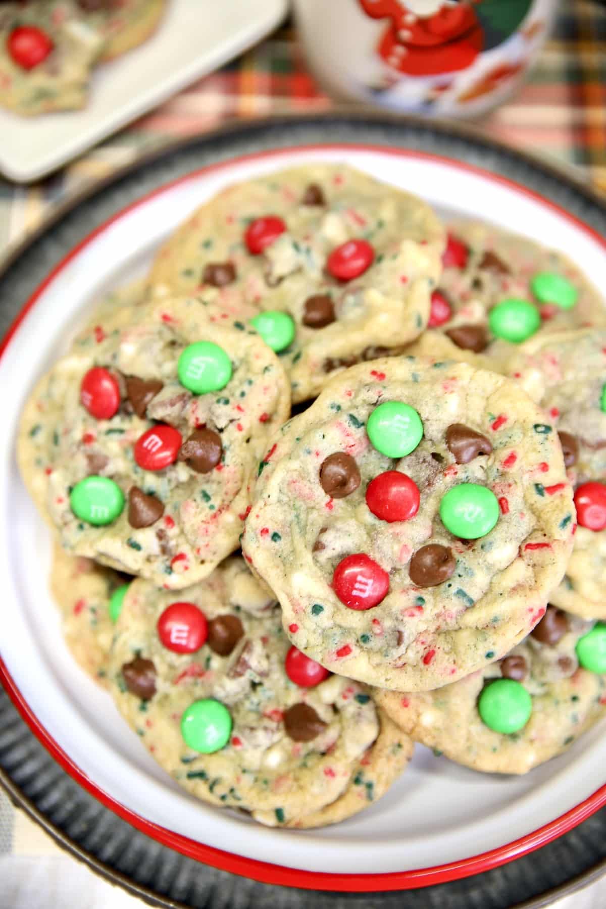 Plate of chocolate chip M&M cookies.