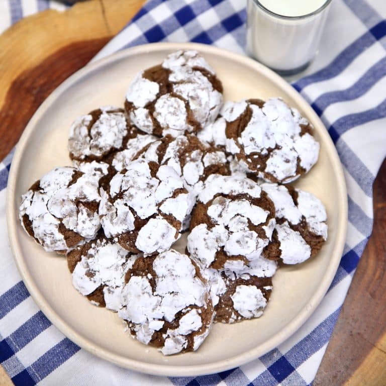 Plate of chocolate crinkle cookies.