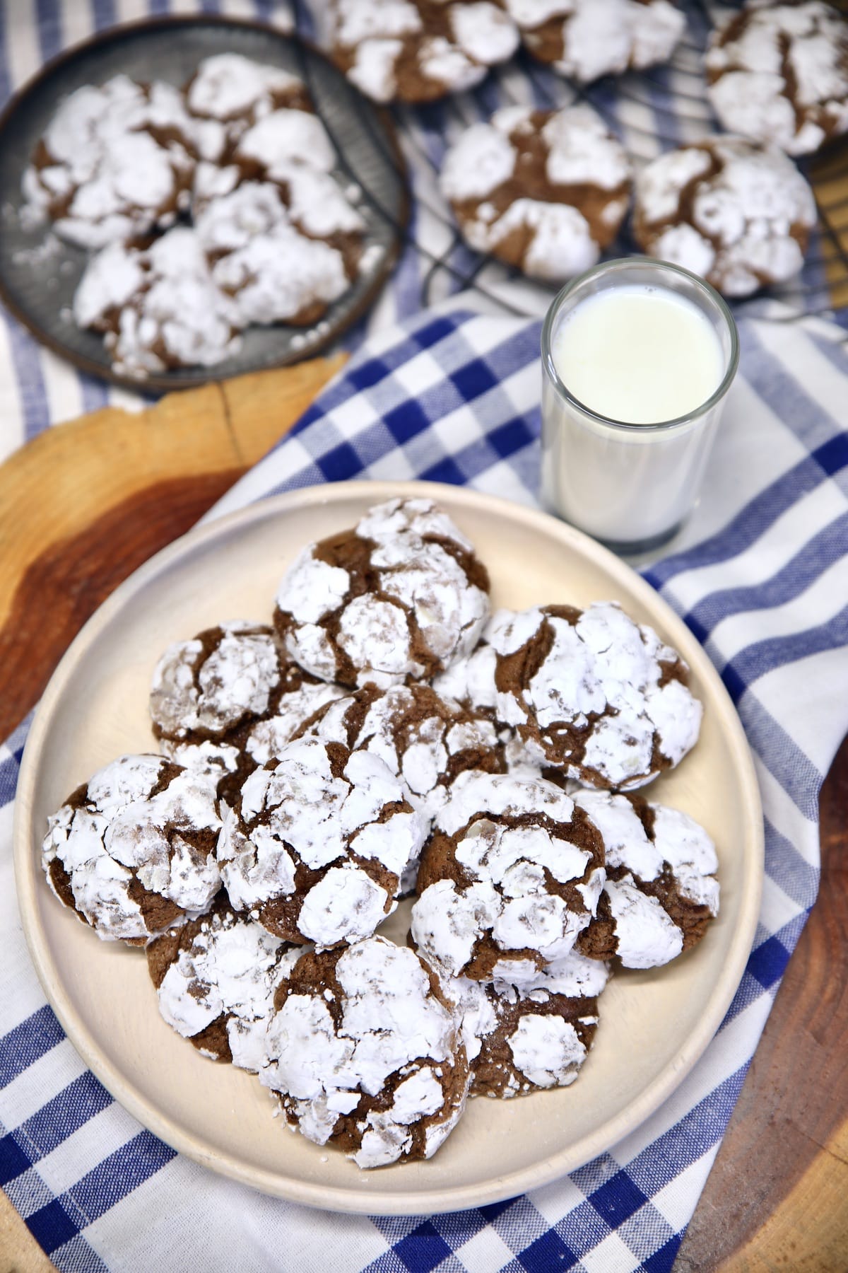Chocolate Crinkle Cookies on plates, glass of milk.
