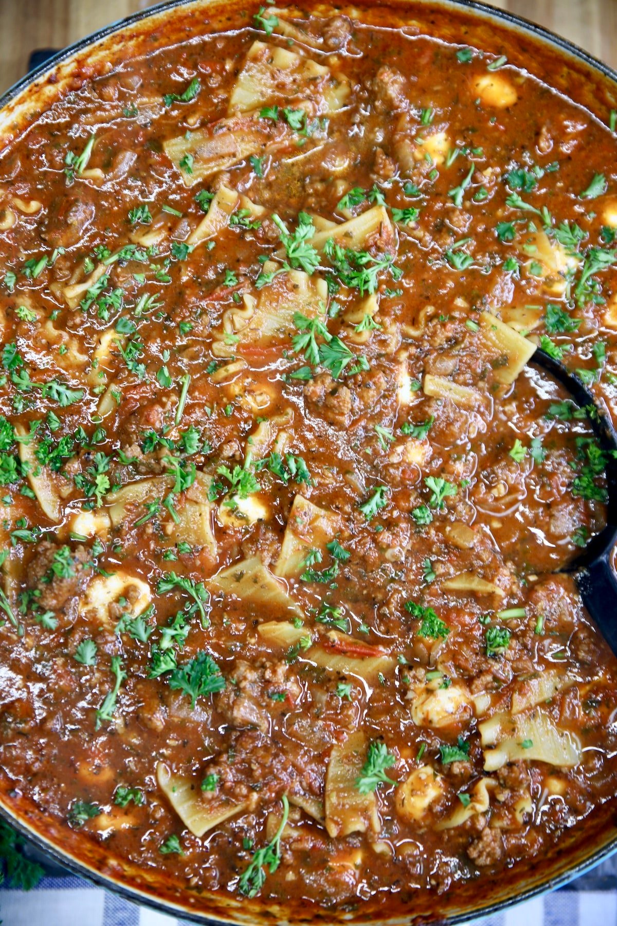 Pan of lasagna soup.