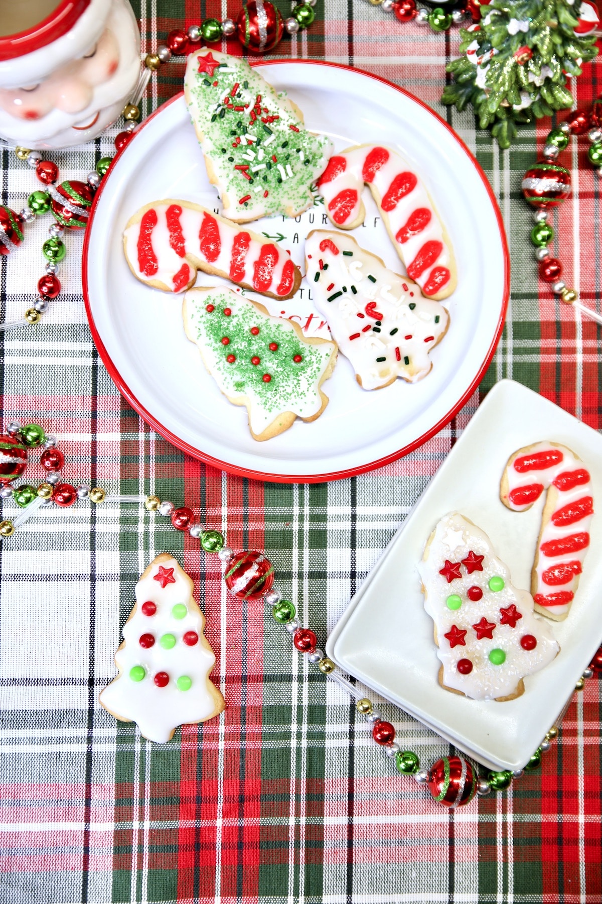 Overhead view of Christmas decorated cookies with decor.