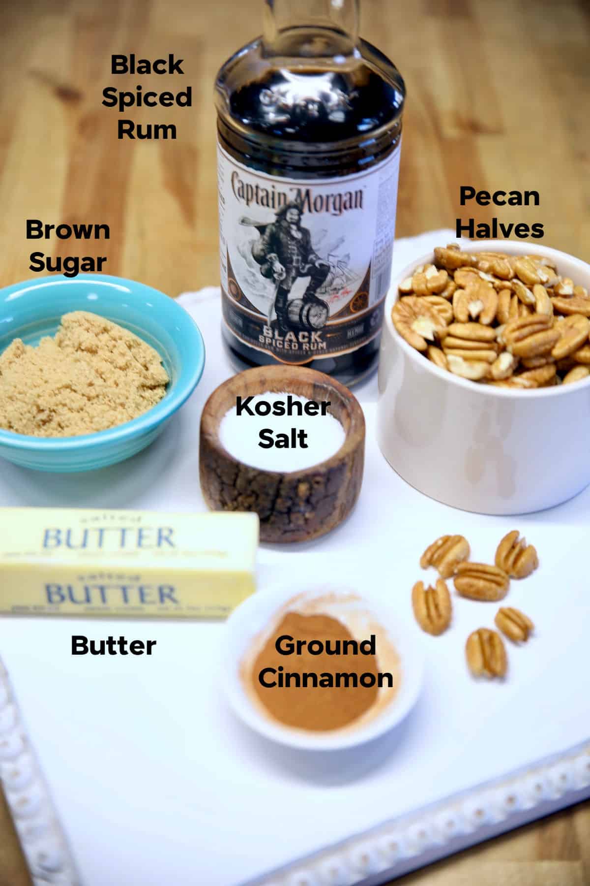 Ingredients for candied pecans with rum glaze.