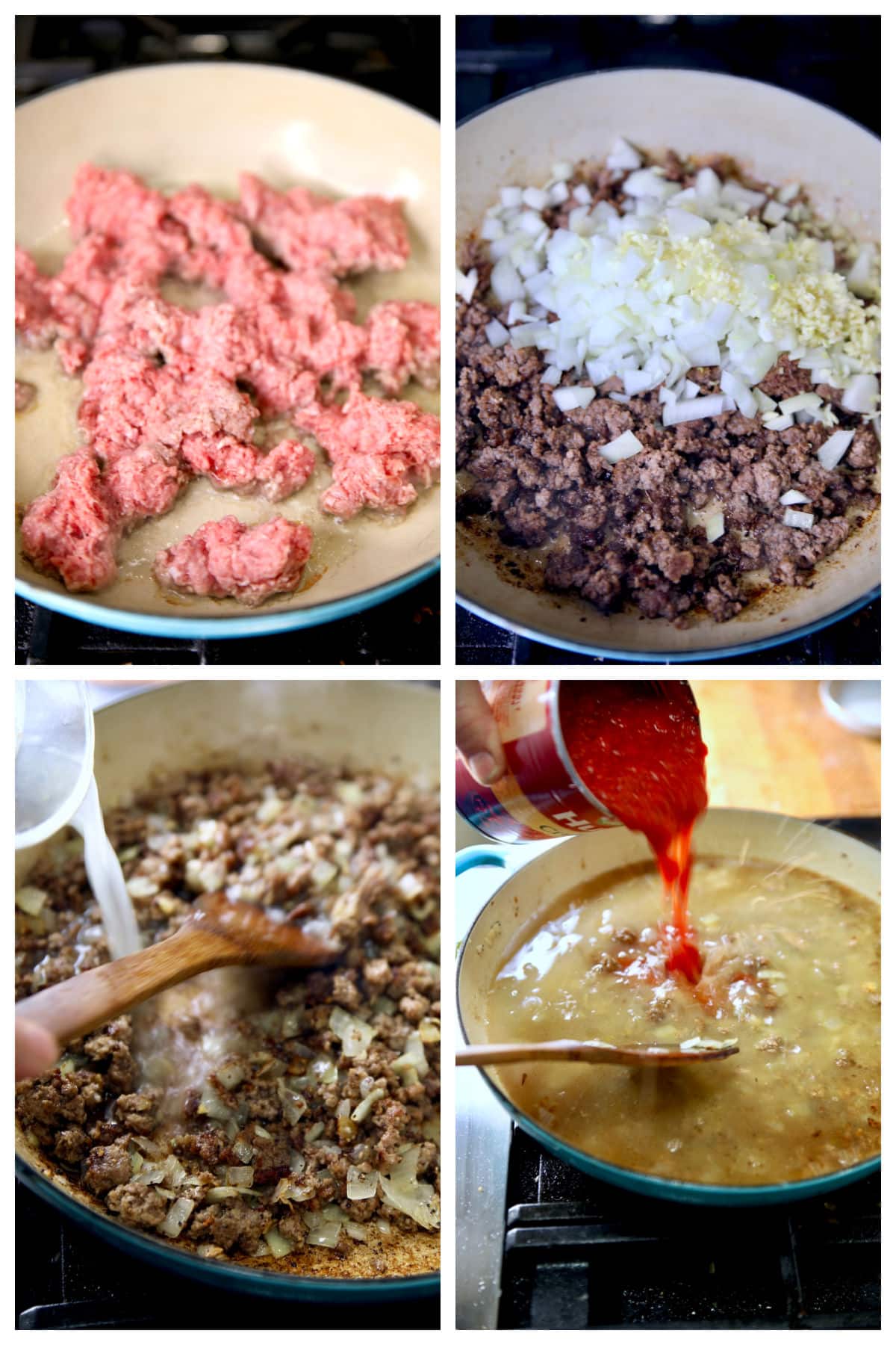 Collage: Browning ground beef, onions, adding broth, tomatoes.