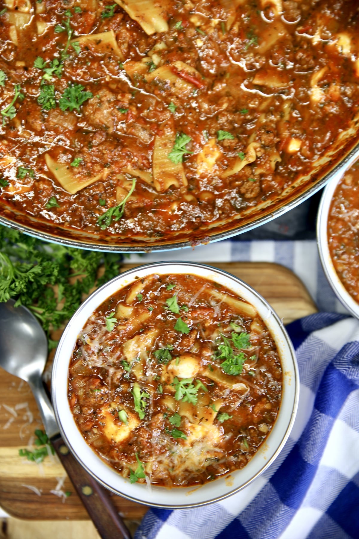 Lasagna Soup in a bowl, with pan.