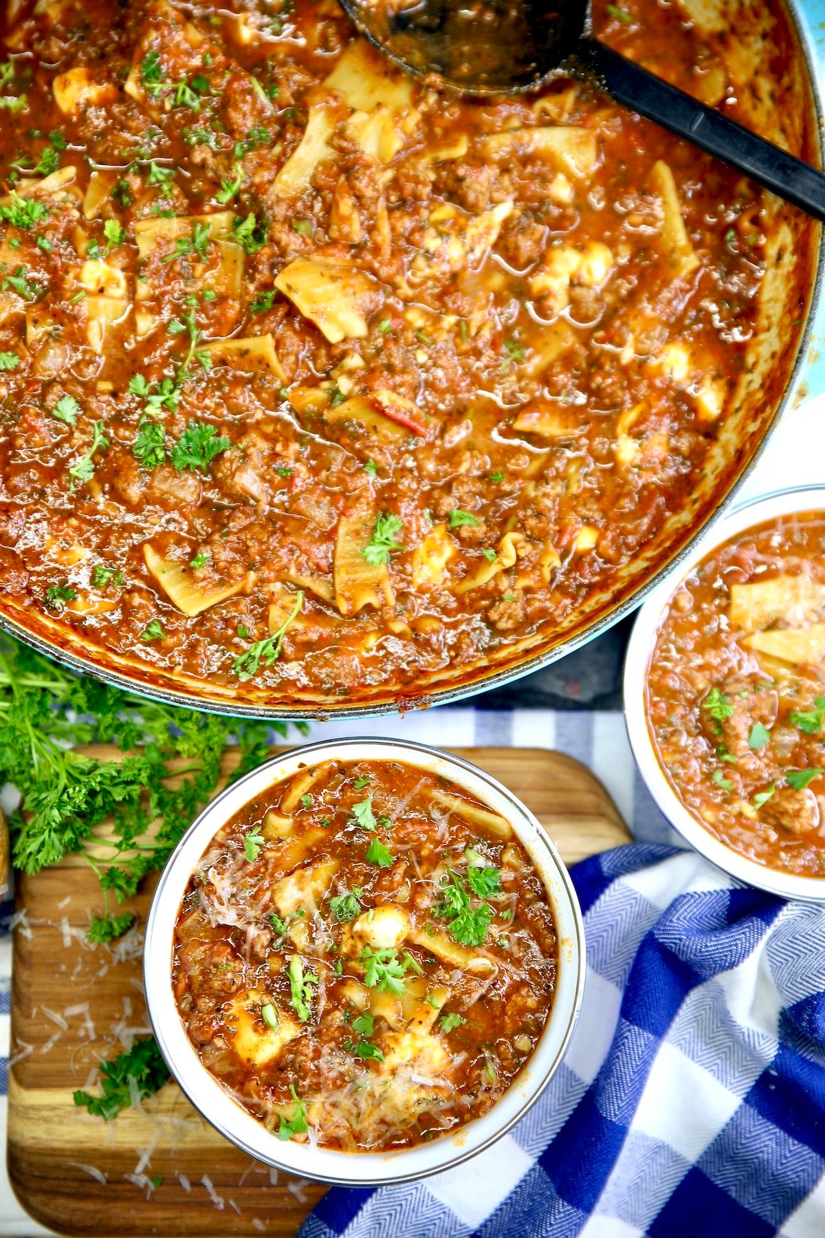 Pan of lasagna soup, 2 bowls.