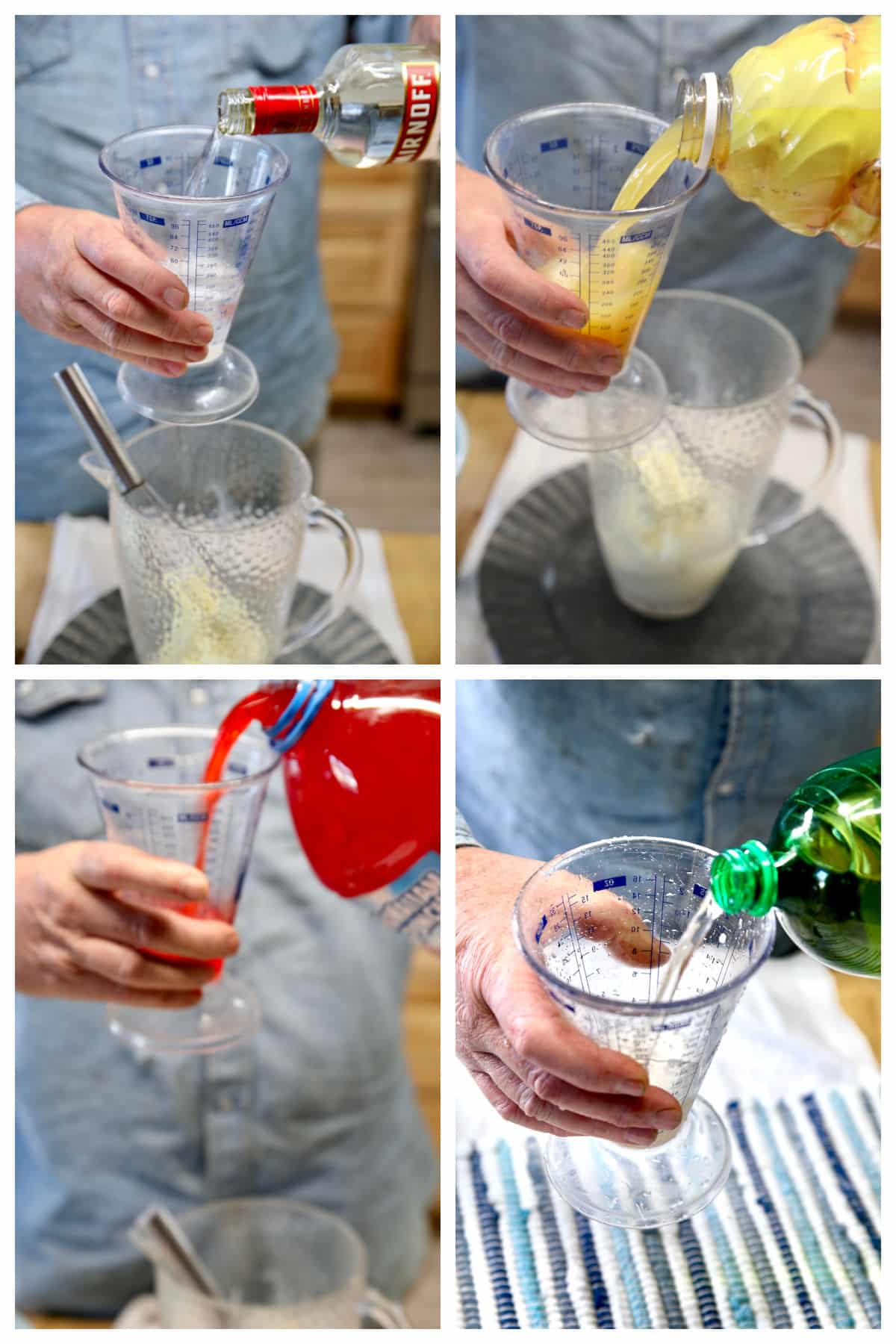 Making sherbet punch with Hawaiian punch, pineapple juice, vodka and ginger ale.