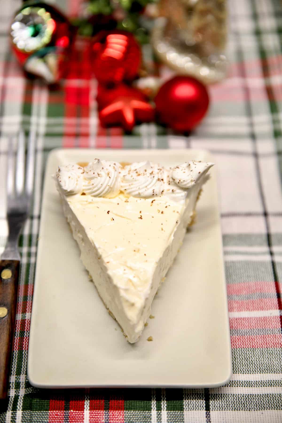 Overhead of slice of cheesecake. 