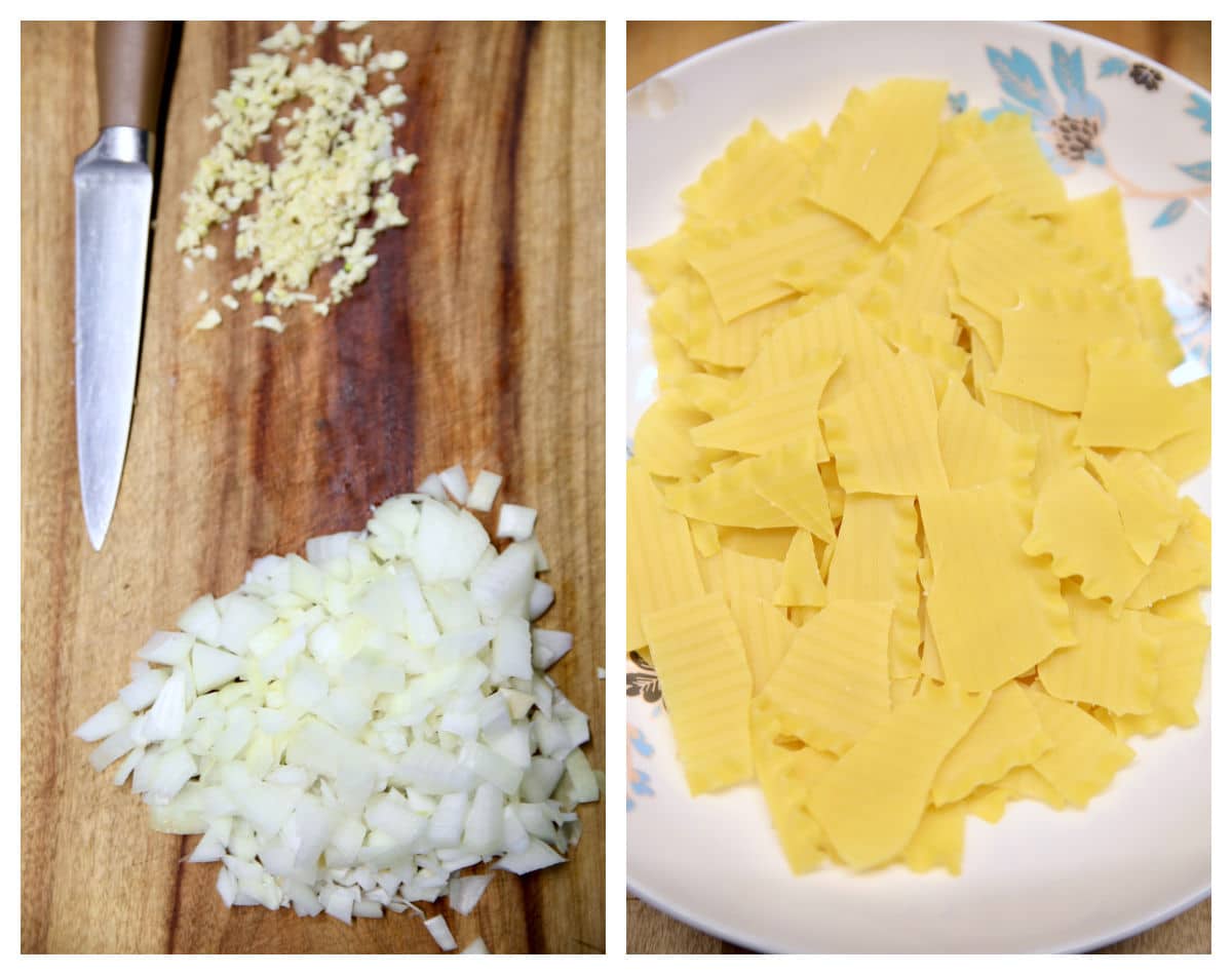 Collage: Cutting board with diced onion & minced garlic/broken lasagna noodles.