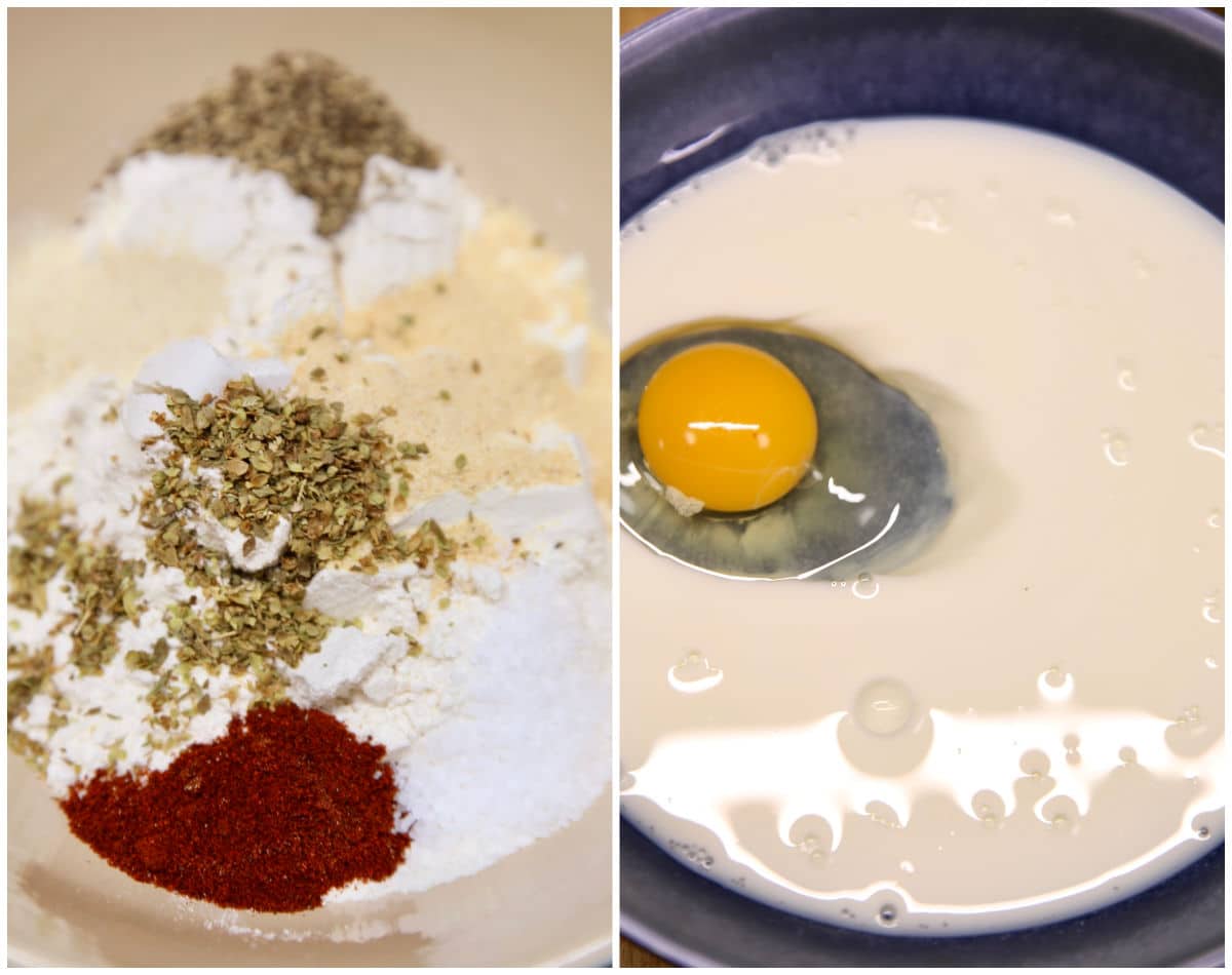 Making breading station for chicken fries. Seasoned flour/egg and milk.