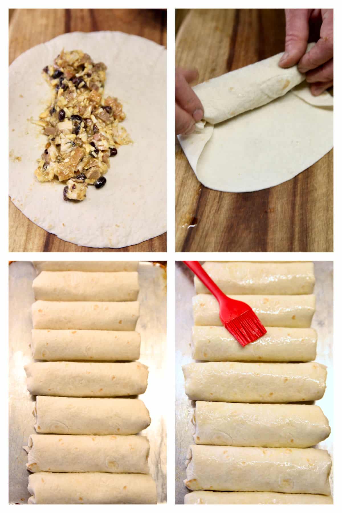 Collage filling chicken burritos, rolling, brush with olive oil.