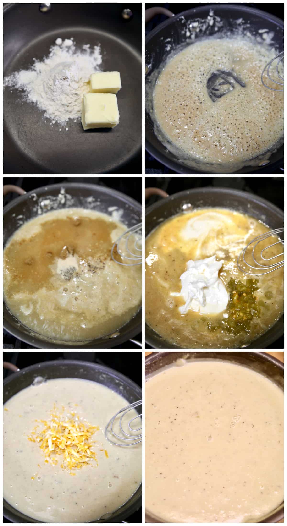 Collage making green chile sauce for burritos.