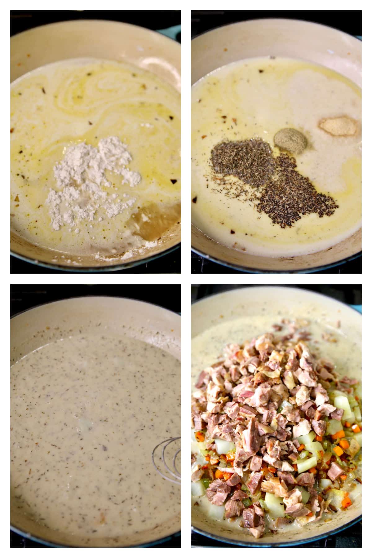 Making sauce and filling for chicken and biscuits casserole.