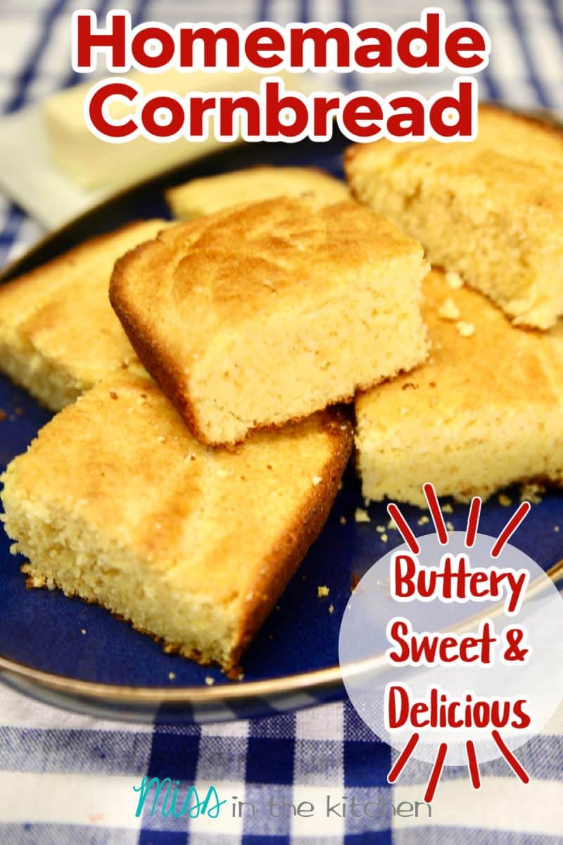 Platter of cornbread slices, text overlay.