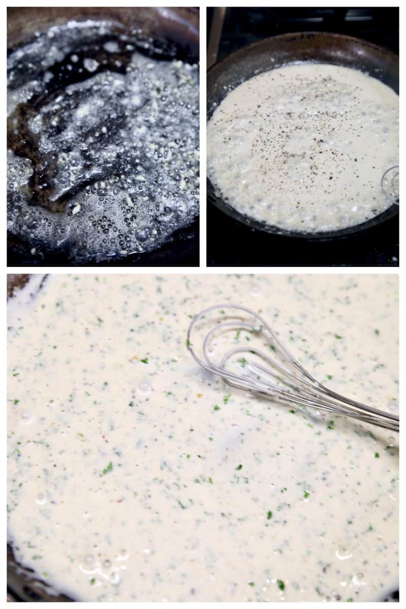 Collage making creamy wine sauce for lobster thermidor.