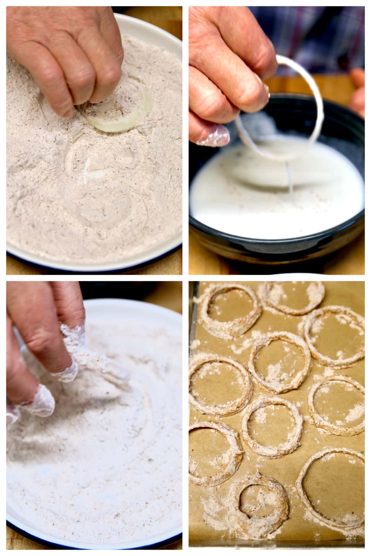 Collage: breading onion rings, on a lined baking sheet.