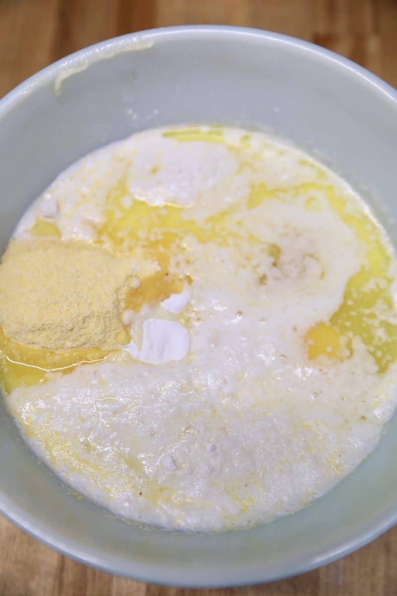 Bowl with cornbread ingredients.