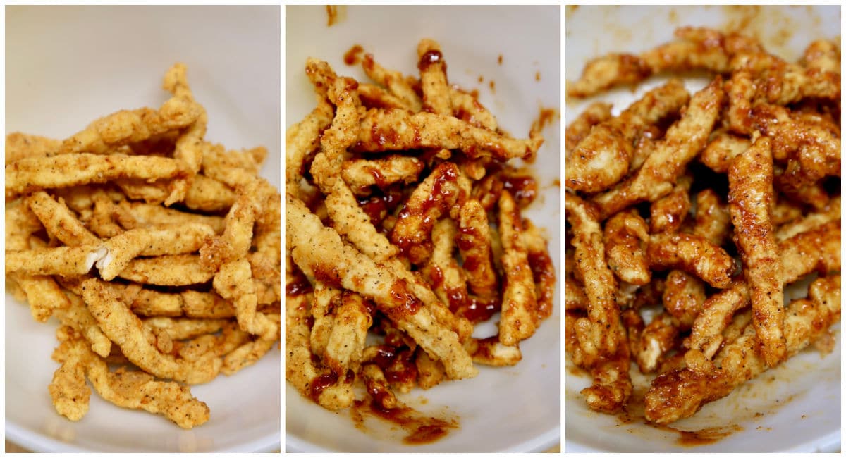 Collage tossing chicken fries with bbq sauce in a bowl.