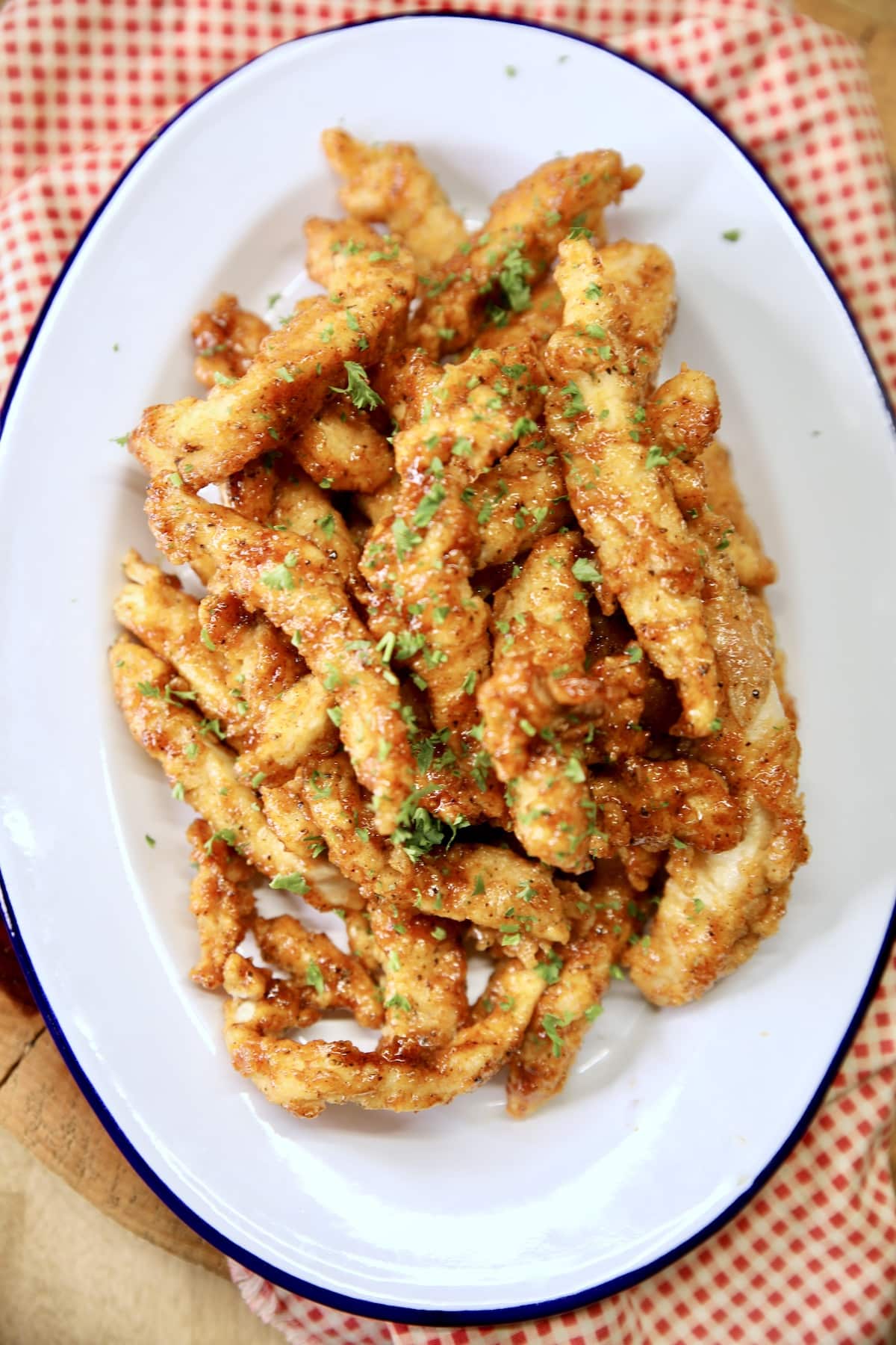 Platter of honey bbq chicken fries.