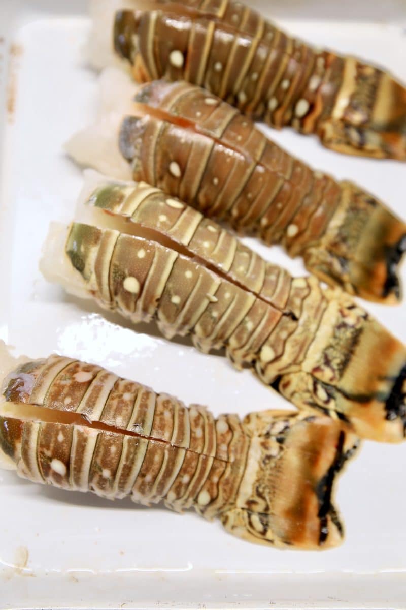 Lobster tails with cut down the center of the shell.