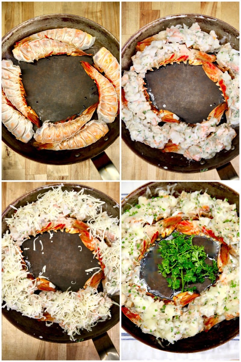Collage making lobster Thermidor: stuffing shells, topping with cheese, broiled.