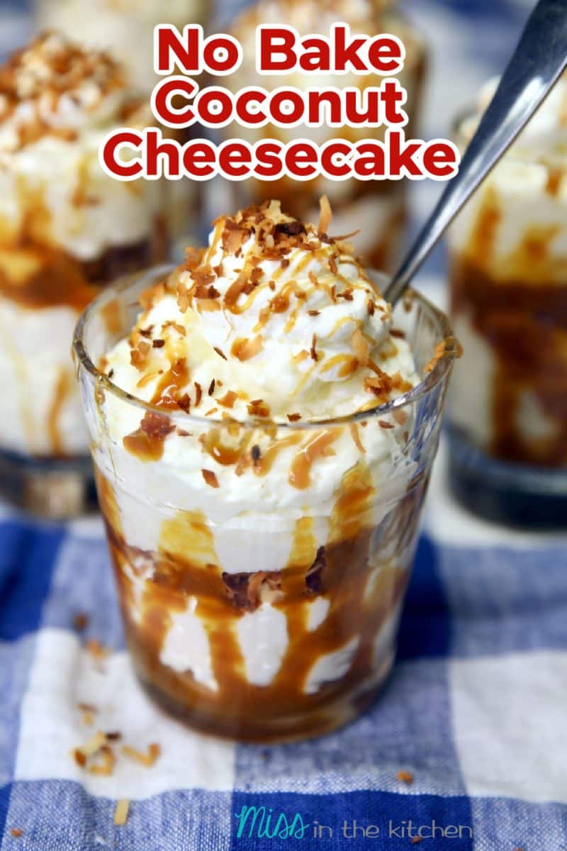 No Bake Coconut Cheesecake dessert. Text overlay.