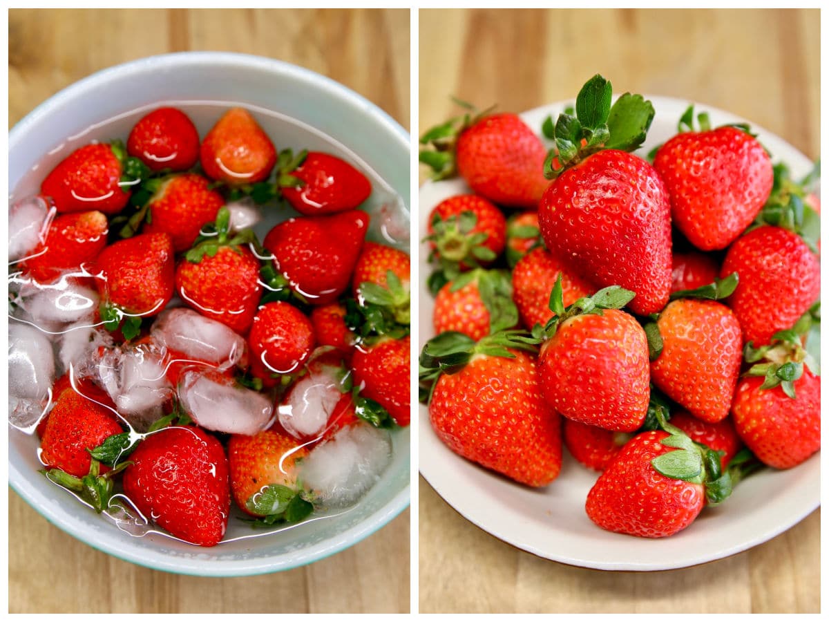 Strawberries in a bowl with ice water / strawberries in a bowl.